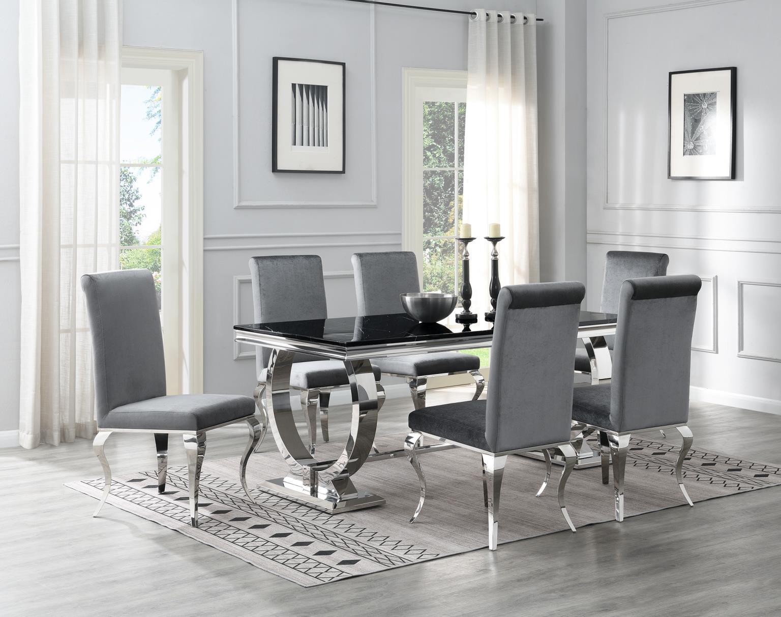 G-082-T-BLACK - 7 Piece Dining Room Set (Table, 6 Velvet Chairs) - Gray