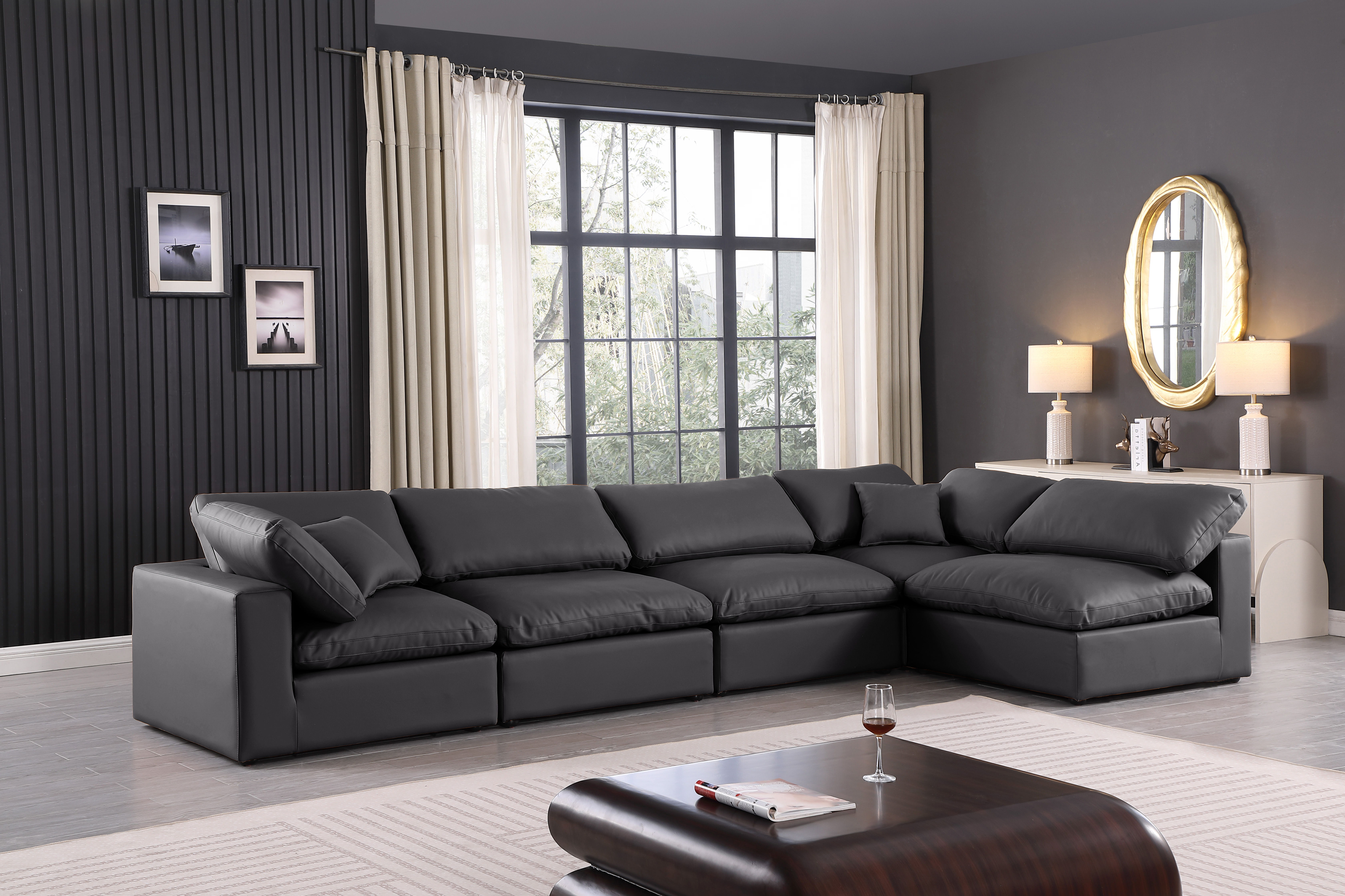 Comfy - 5 Piece Faux Leather Modular Sectional - Charcoal