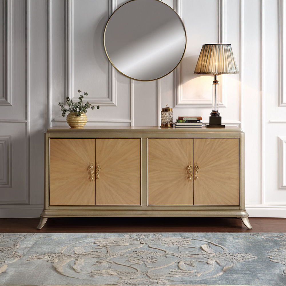 Dodie - Console Cabinet - Natural Oak Sunburst Pattern & Taupe Champaign, beige