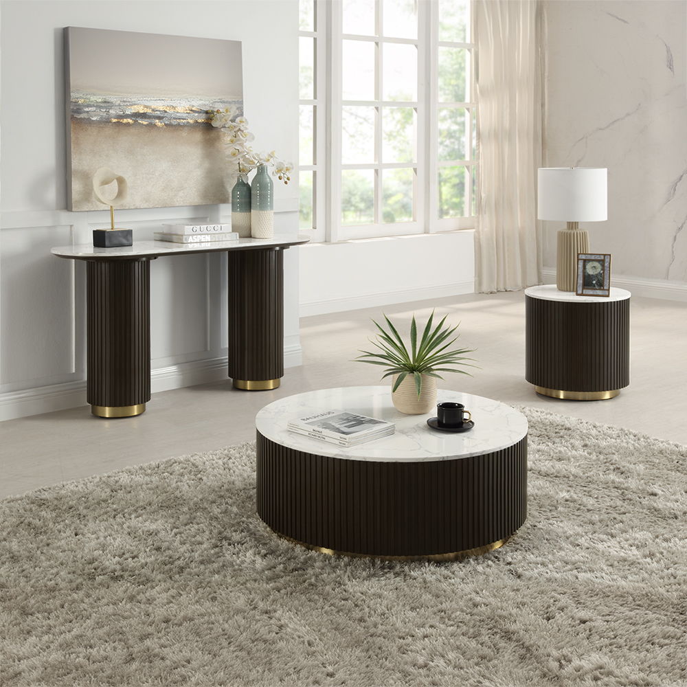 Clayten - Coffee Table - White Natural Marble Top & Espresso, white, view 3