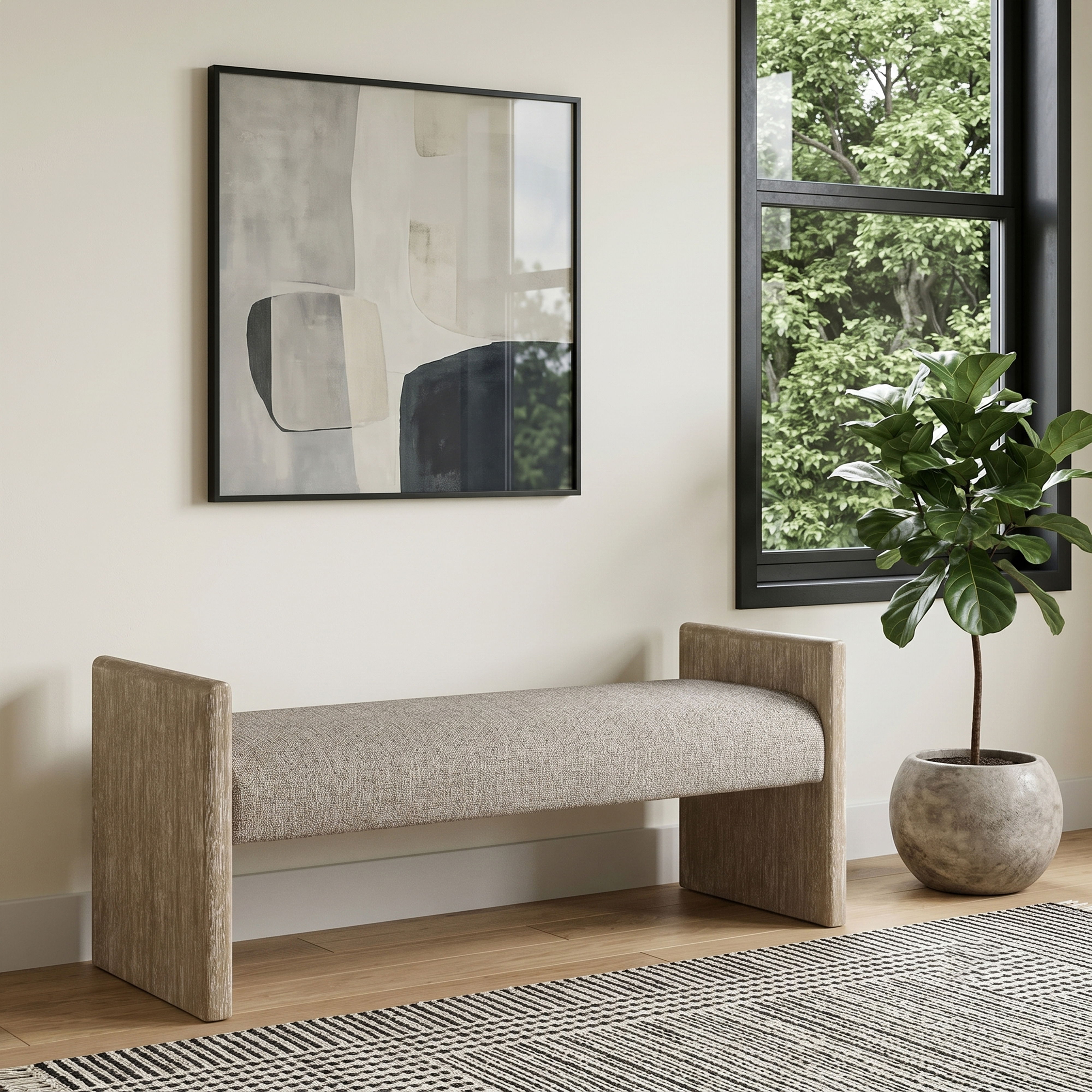 Hickory - Fabric Upholstered Bench - Beige / Natural