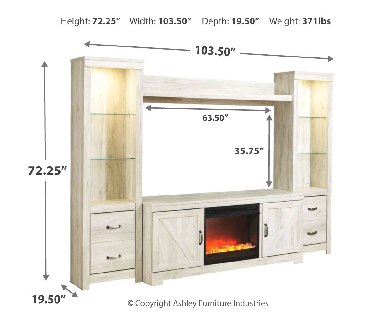 Ashley Furniture Bellaby - 5 Pc. - Entertainment Center - 63" TV Stand With Fireplace Insert Glass/Stone - Whitewash - Image 4