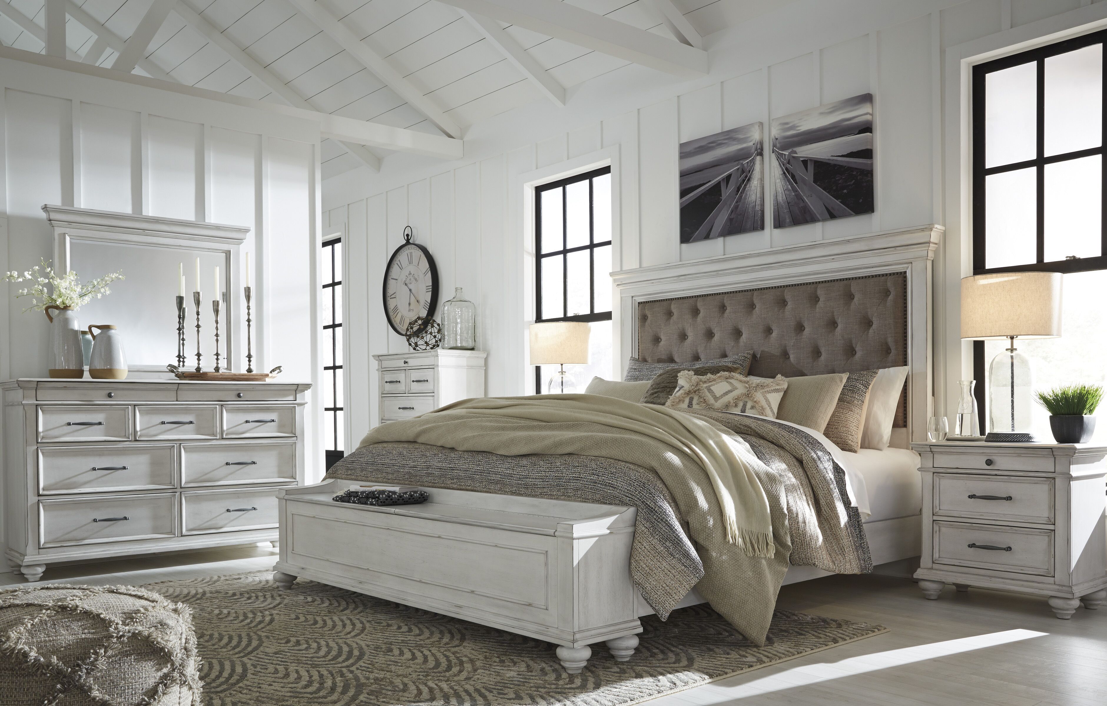 Queen · 8 Pc · Dresser, Mirror, Chest, Queen Upholstered Bed with Storage Bench, 2 Nightstands