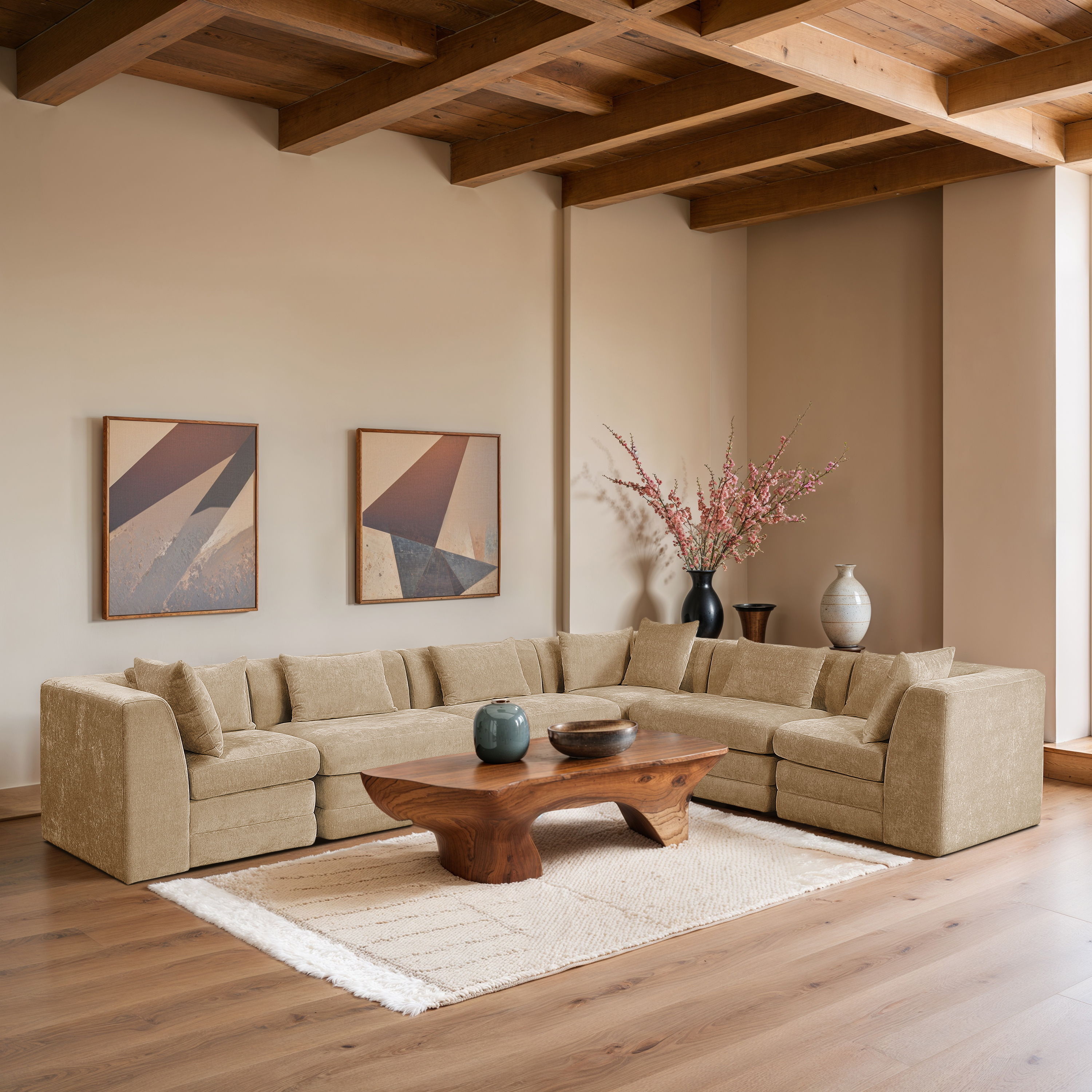 Stellar - 6 Piece Chenille Fabric 152" Upholstered Modular Sectional - Beige