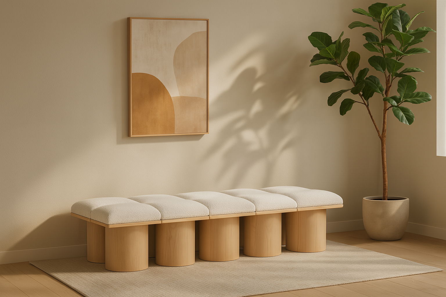 Pavilion - 90" 10 Piece Modular Bench With Natural Base - Cream