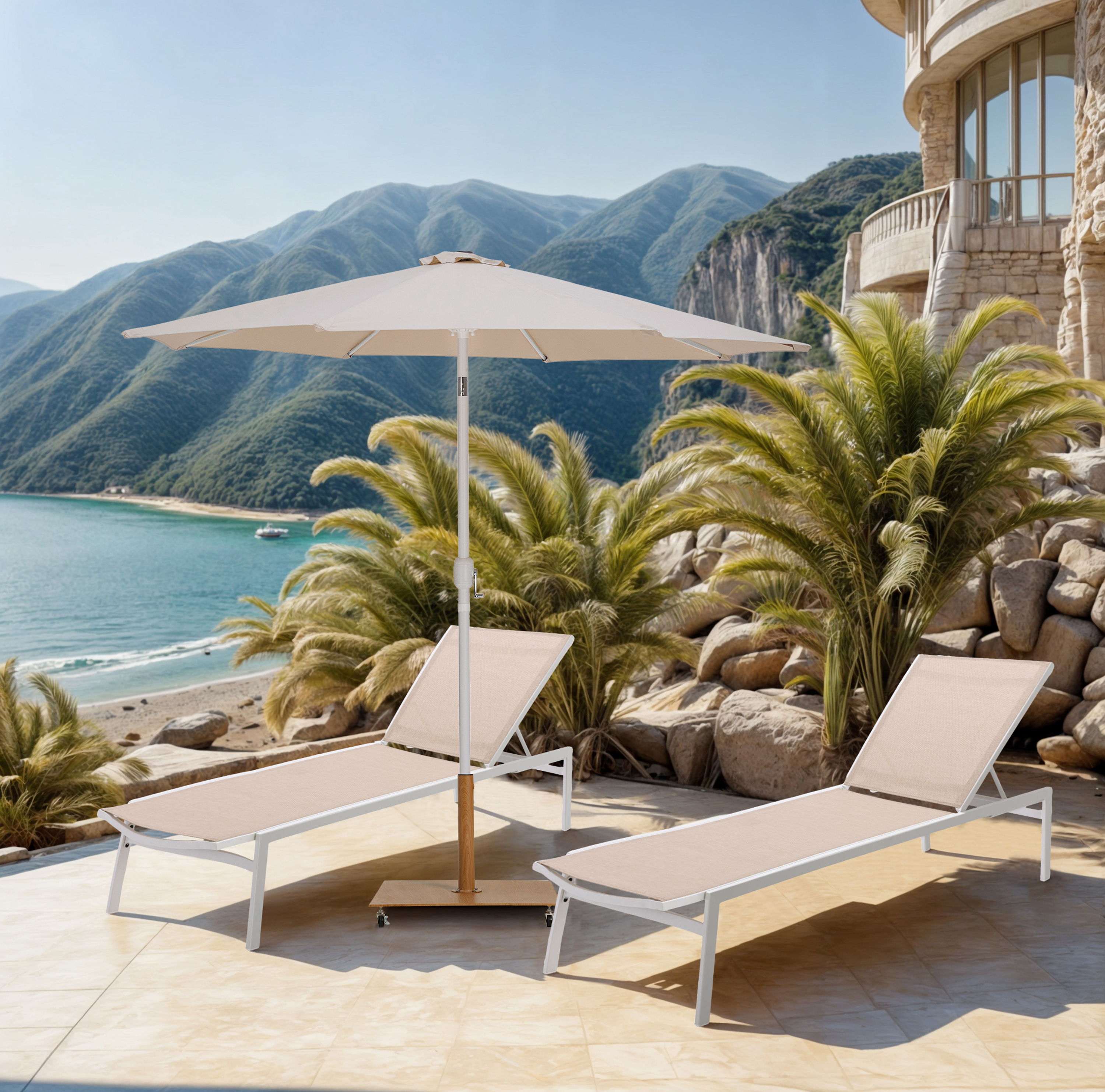 Fiji - Aluminum Patio Umbrella With Square Teak And White Base - Beige