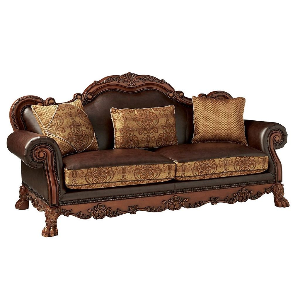 Dresden - Sofa With 3 Pillows - Brown Synthetic Leather & Chenille, Cherry Oak, dark brown, view 2