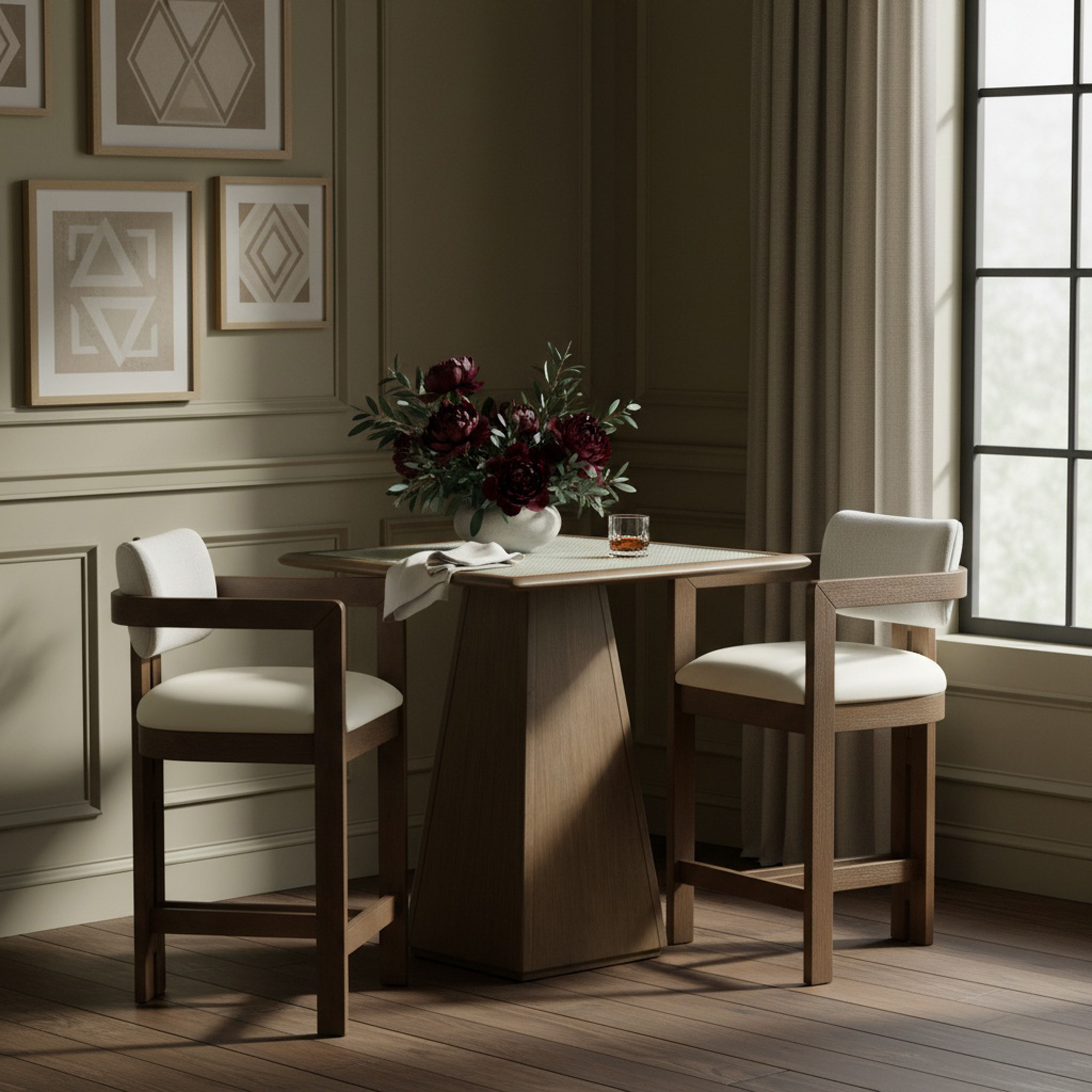 Ravina - Vegan Leather and Linen Textured Fabric Upholstered Counter Stool - Cream / Stained Brown
