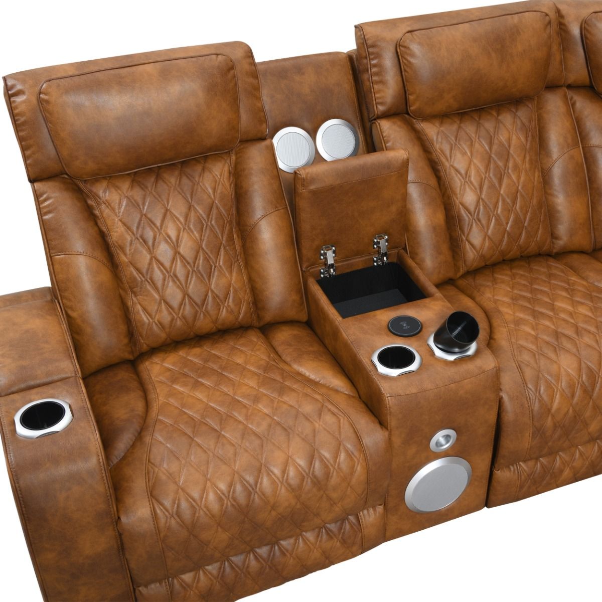 Taddeo - Power Motion Sectional Sofa With Power Headrest, Massage & LED - Two Tone Brown Leatherette, light brown, view 7