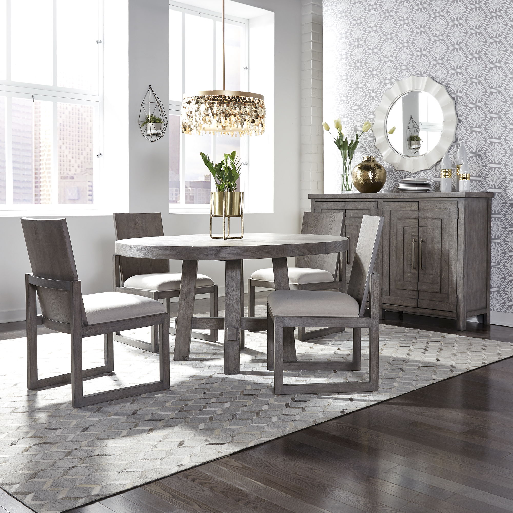 Liberty Furniture Modern Farmhouse - 5 Piece Round Table Set (Panel-Back Chairs) - Charcoal