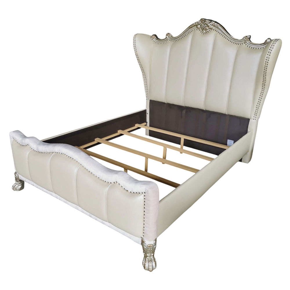 Dresden II - Queen Bed - Pearl White Synthetic Leather & Gold Patina, white, view 2