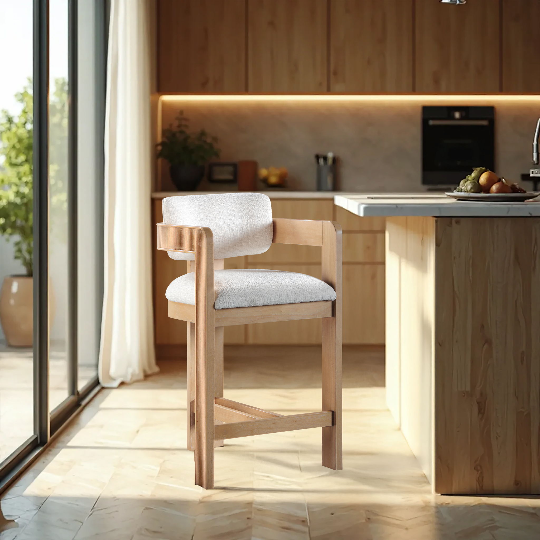 Sacha - Linen Stool With Natural Base - Cream