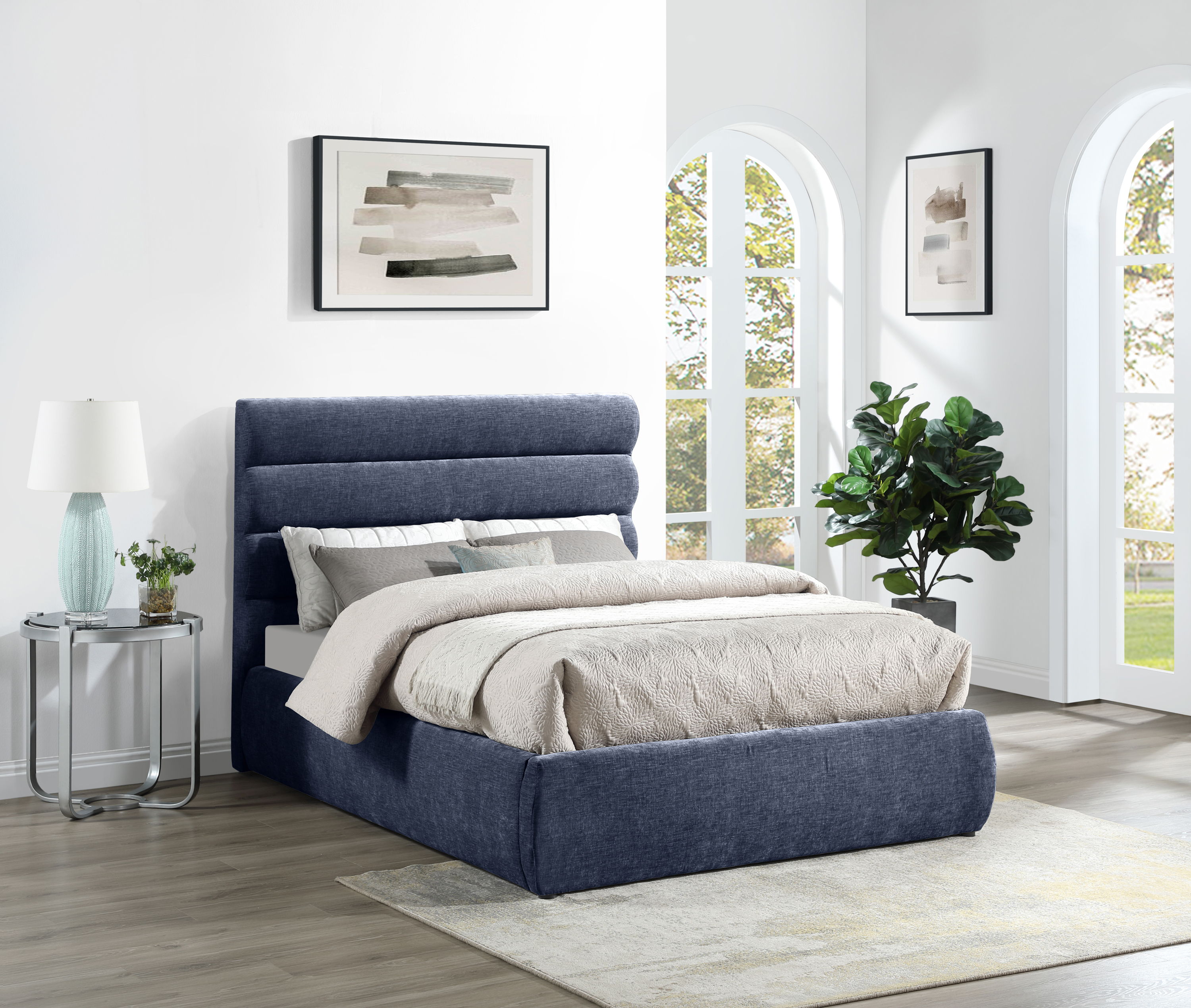 Adam - Chenille Fabric Full Bed With 52" Headboard - Navy