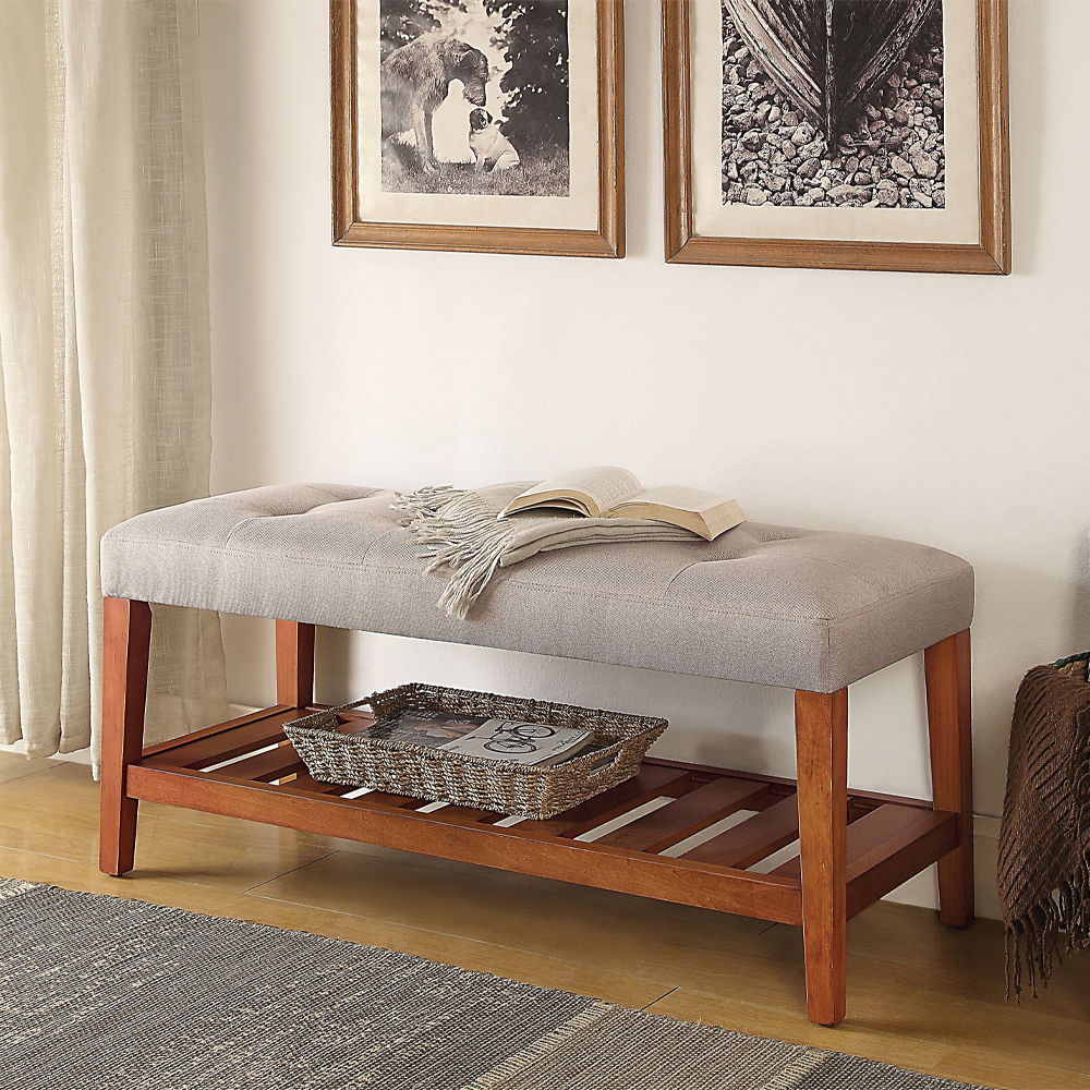 Charla - Bench - Light Gray Fabric & Oak, light gray