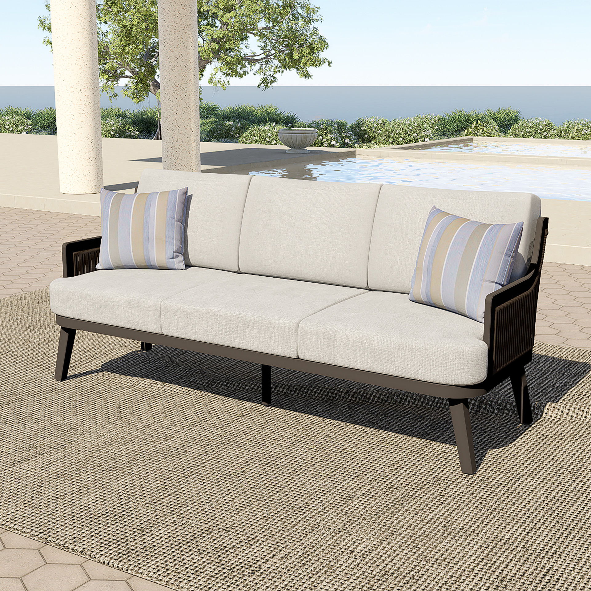 Genova - Patio Sofa With Two Accent Pillows - Gray, light gray