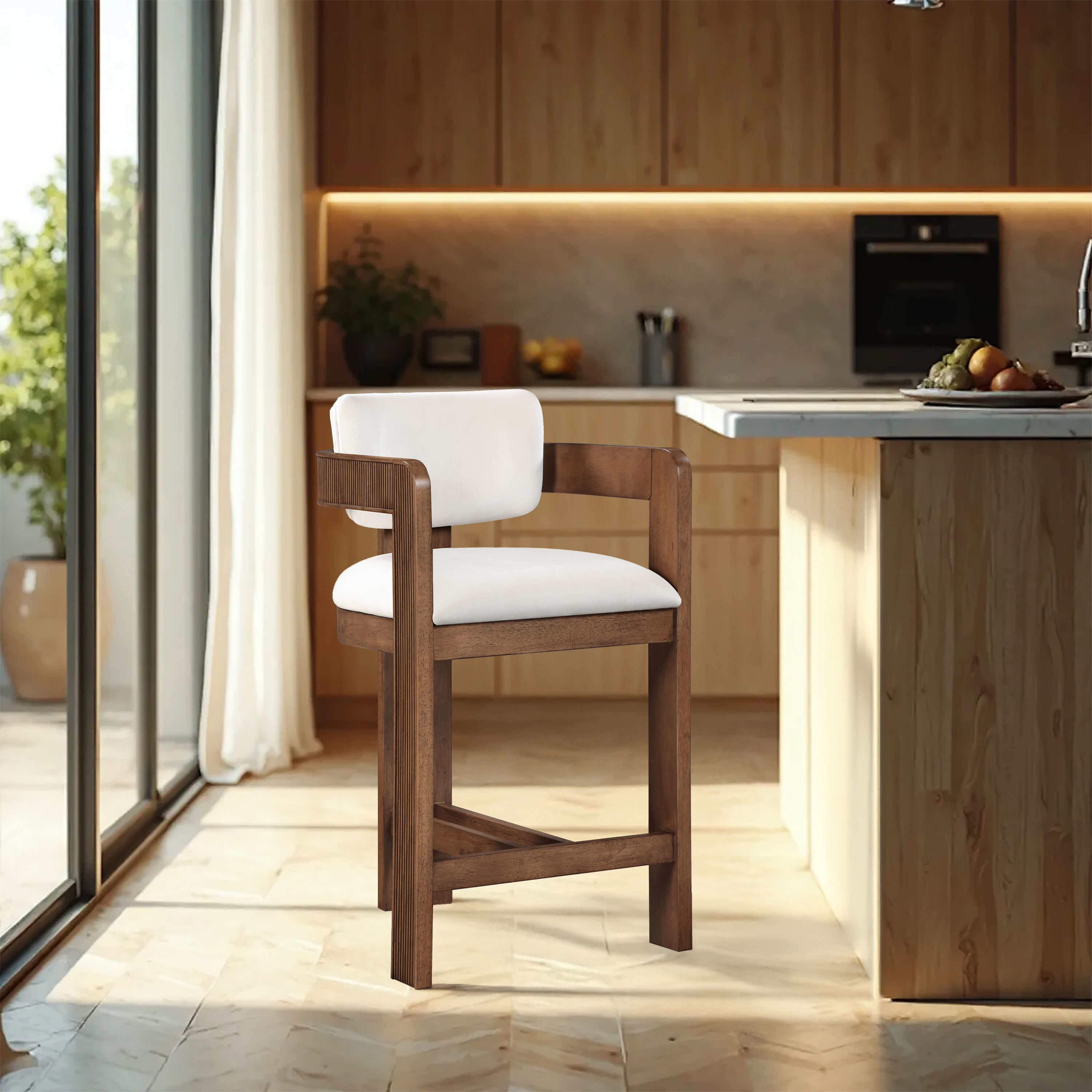 Sacha - Velvet Stool With Brown Base - White