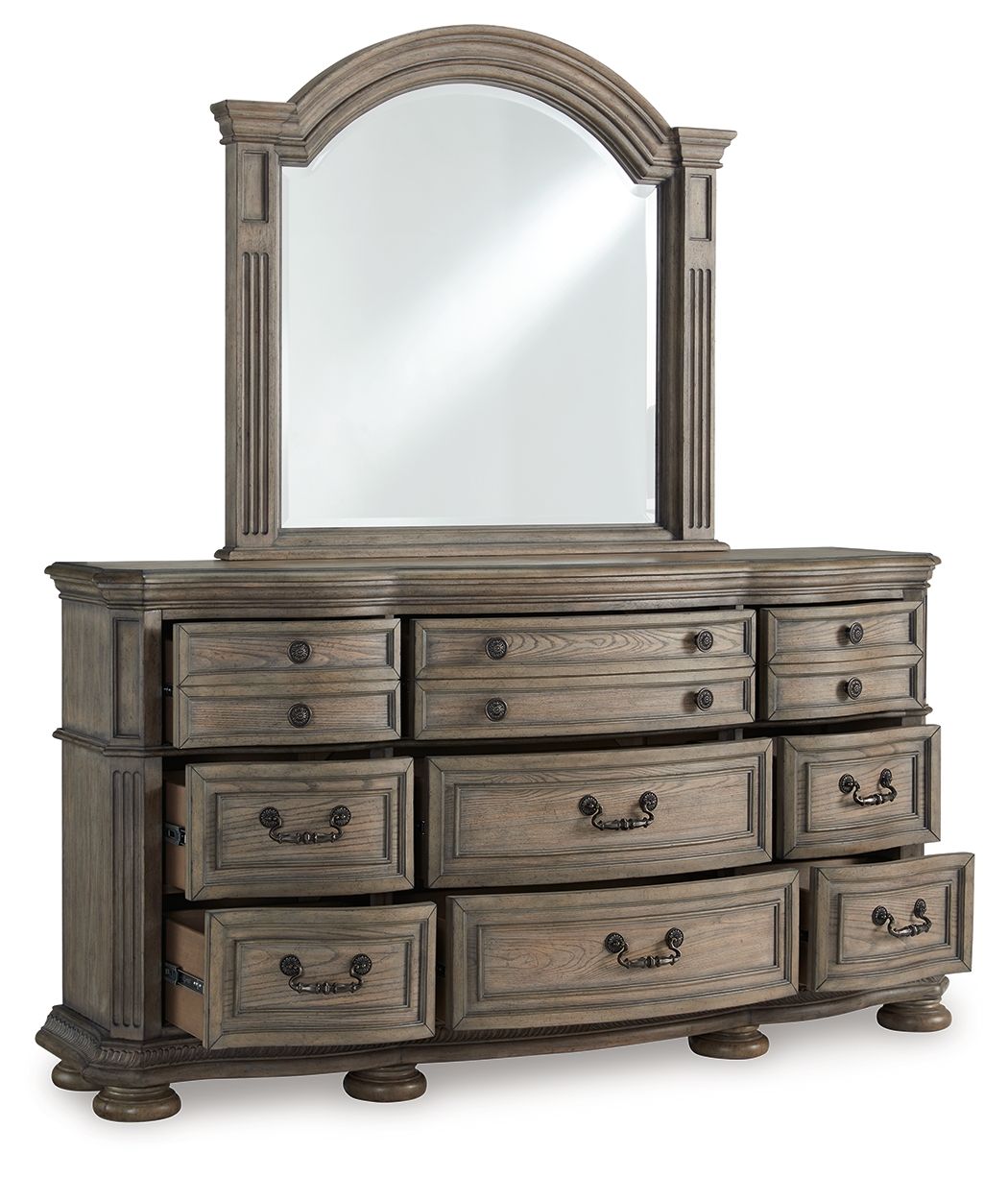 Ardenfield - 6 Pc. - Dresser, Mirror, Chest, King Upholstered Sleigh Bed - Light Brown