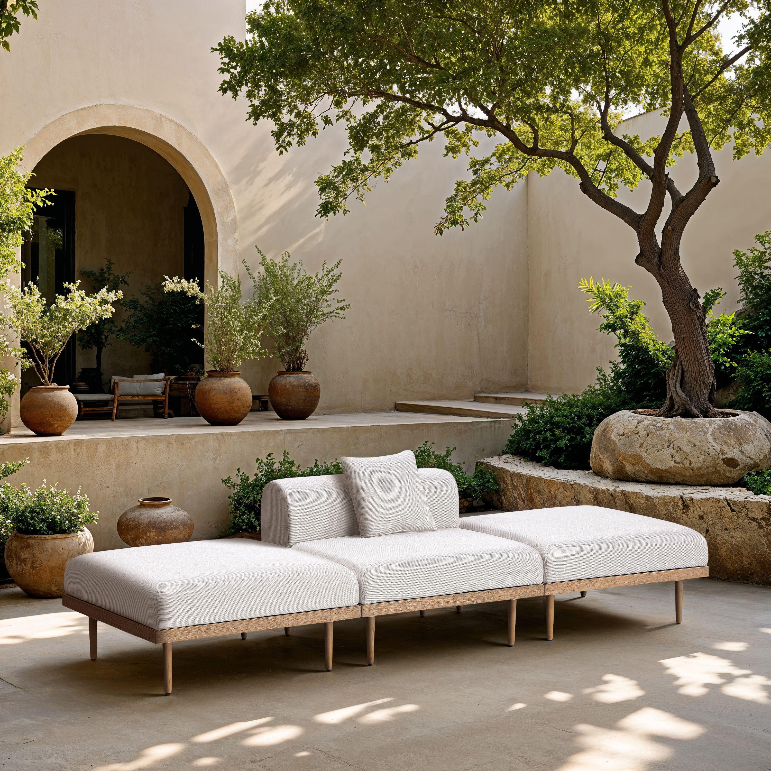 Laguna - 3 Piece Water Resistant Fabric 106.5" Upholstered Outdoor Patio Modular Sofa - Cream