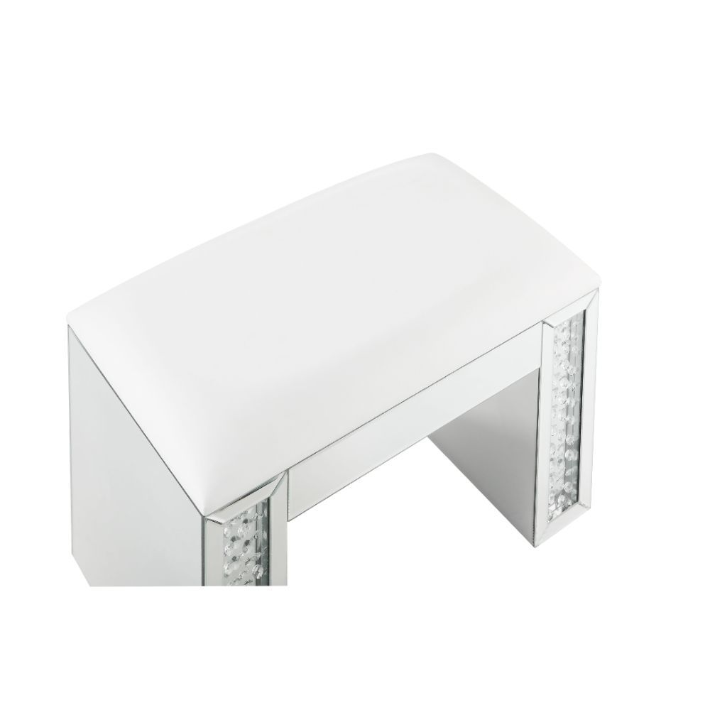 Nysa - Vanity Stool - Ivory Synthetic Leather , Mirrored & Faux Crystals, silver, view 3