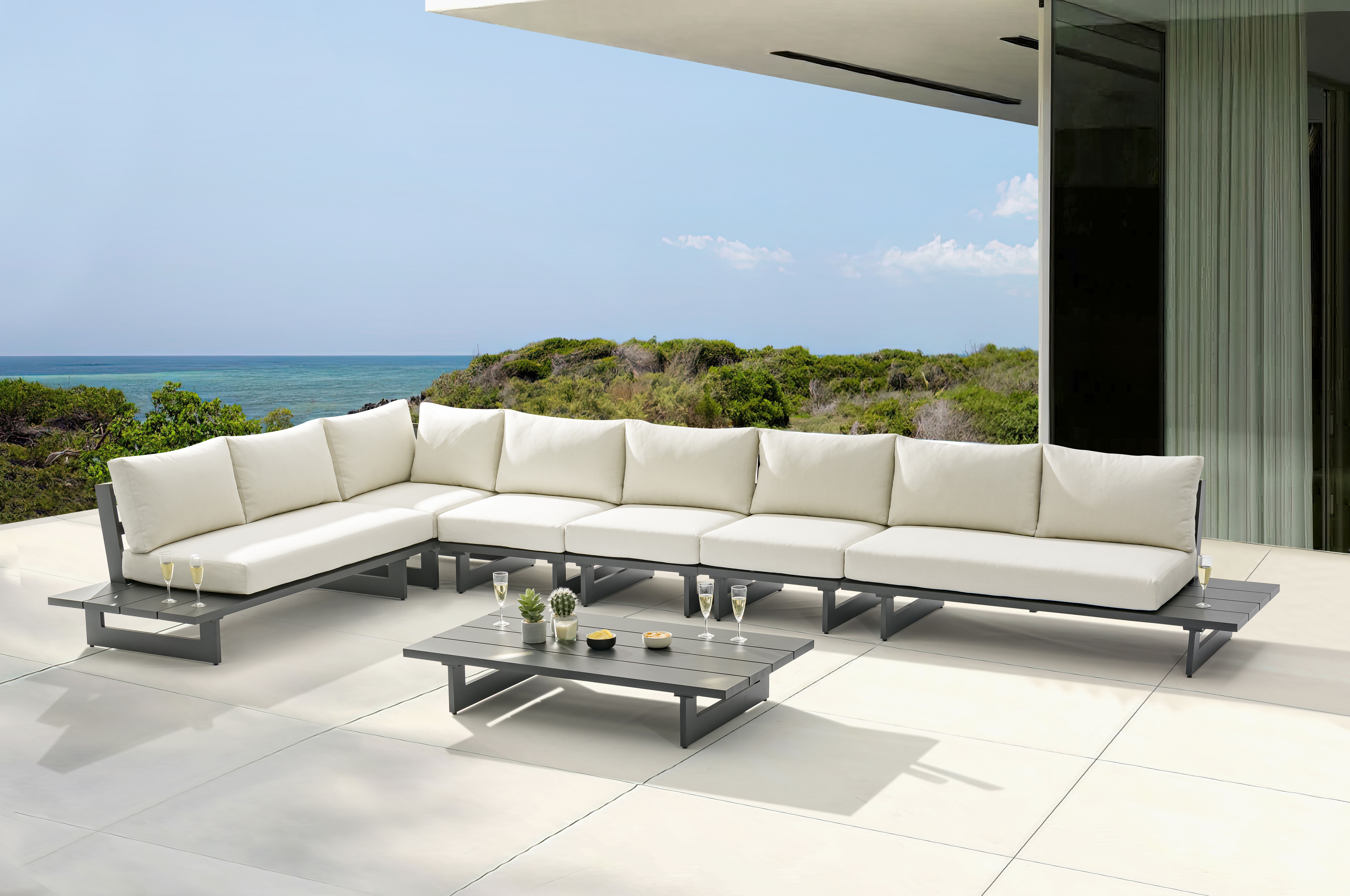 Maldives - 6 Piece Water Resistant Outdoor Patio Modular Left Arm Facing Sectional With Gray Base - Cream
