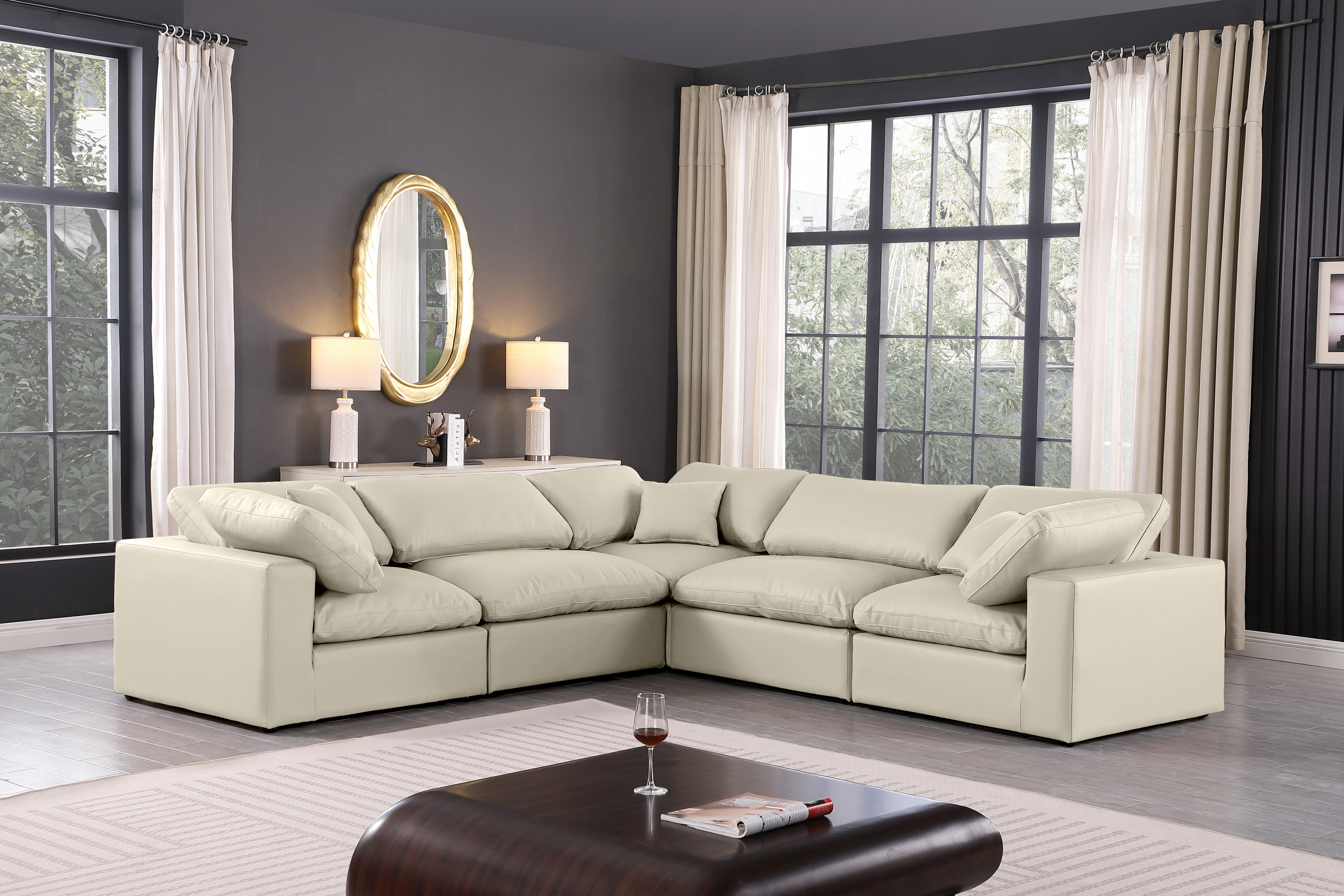 Comfy - 5 Piece Faux Leather Modular Corner Sectional - Cream
