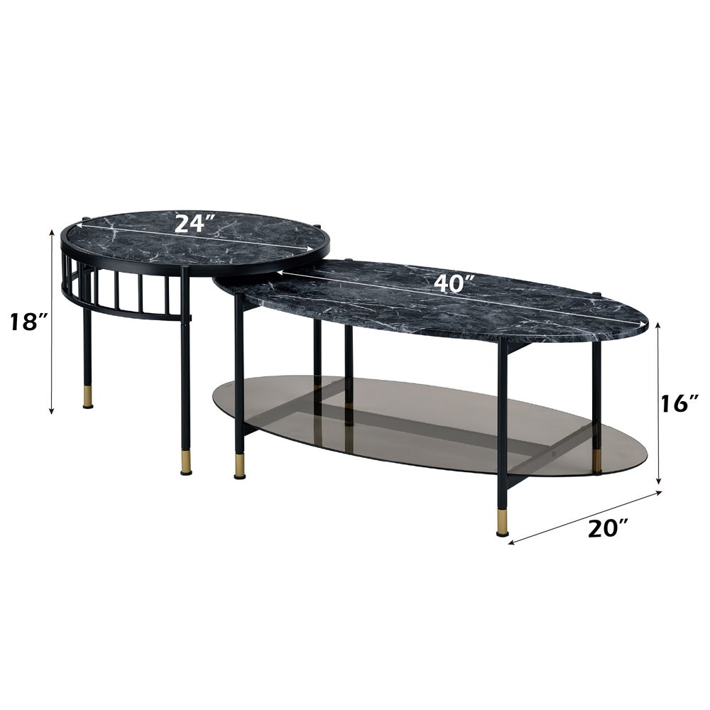 Silas - Nesting Coffee Table Set - Faux Marble Top & Black, black, view 3
