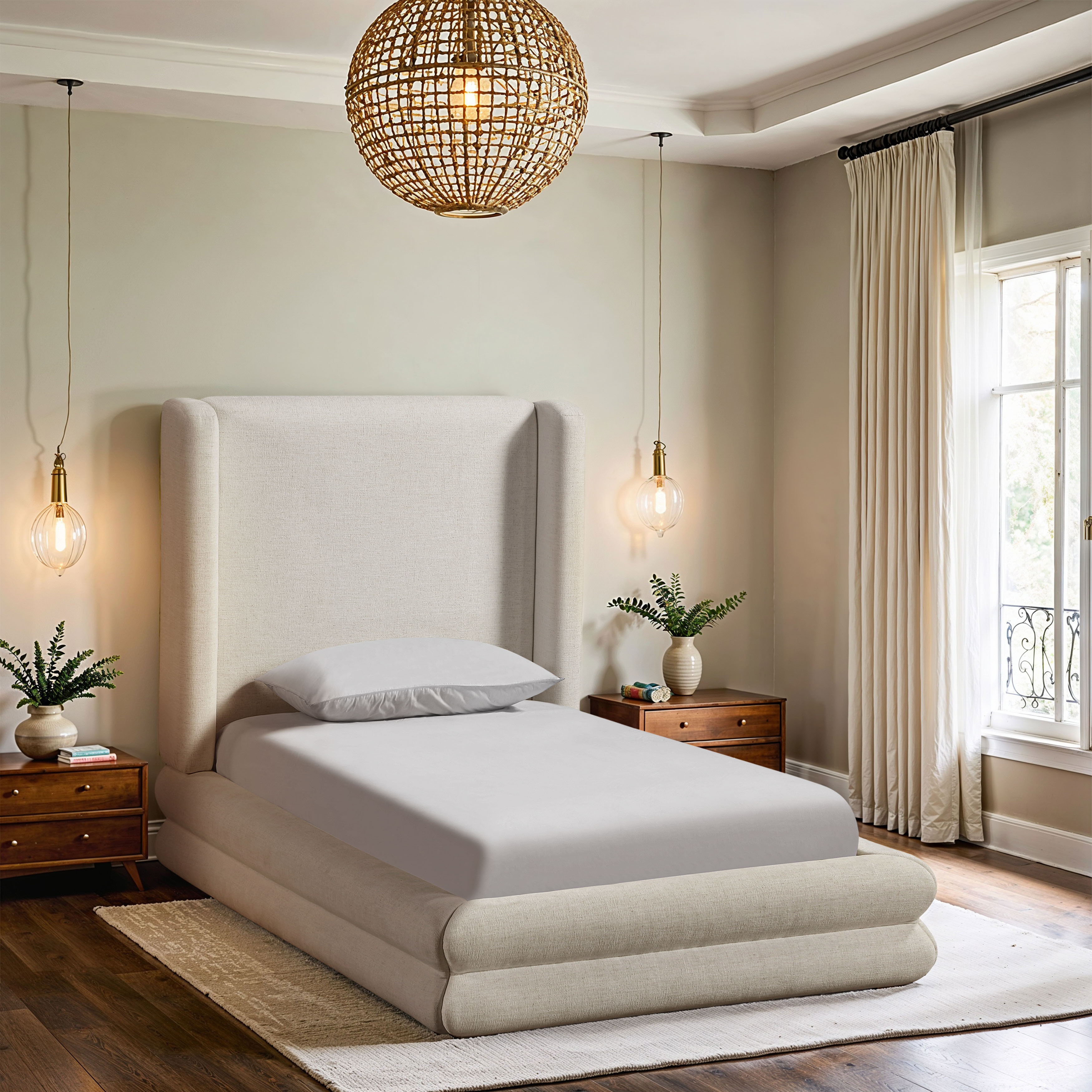 Chandra - Linen Textured Fabric Upholstered Twin Bed - Cream
